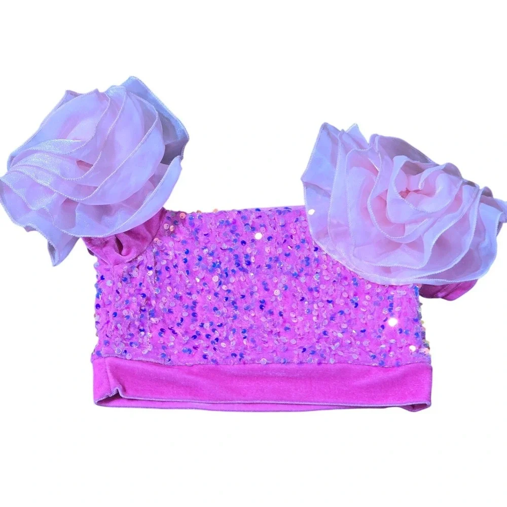 Girls Pink Sequin Velvet Set Ruffle Crop Top Flare Pants‎ Barbie Party Size 6Y